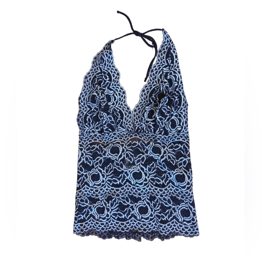 bebe Black and White Crochet Lace Halter Top
